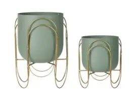 Set of 2 Green Planter Pots with Gold Metal Stand