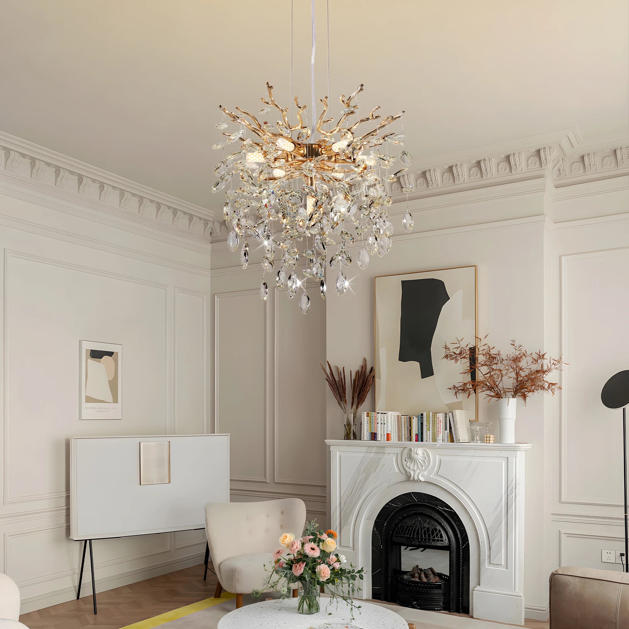 Modern Tree Branch Crystal Chandelier — Luxury Gold 7-Light Pendant, 18"