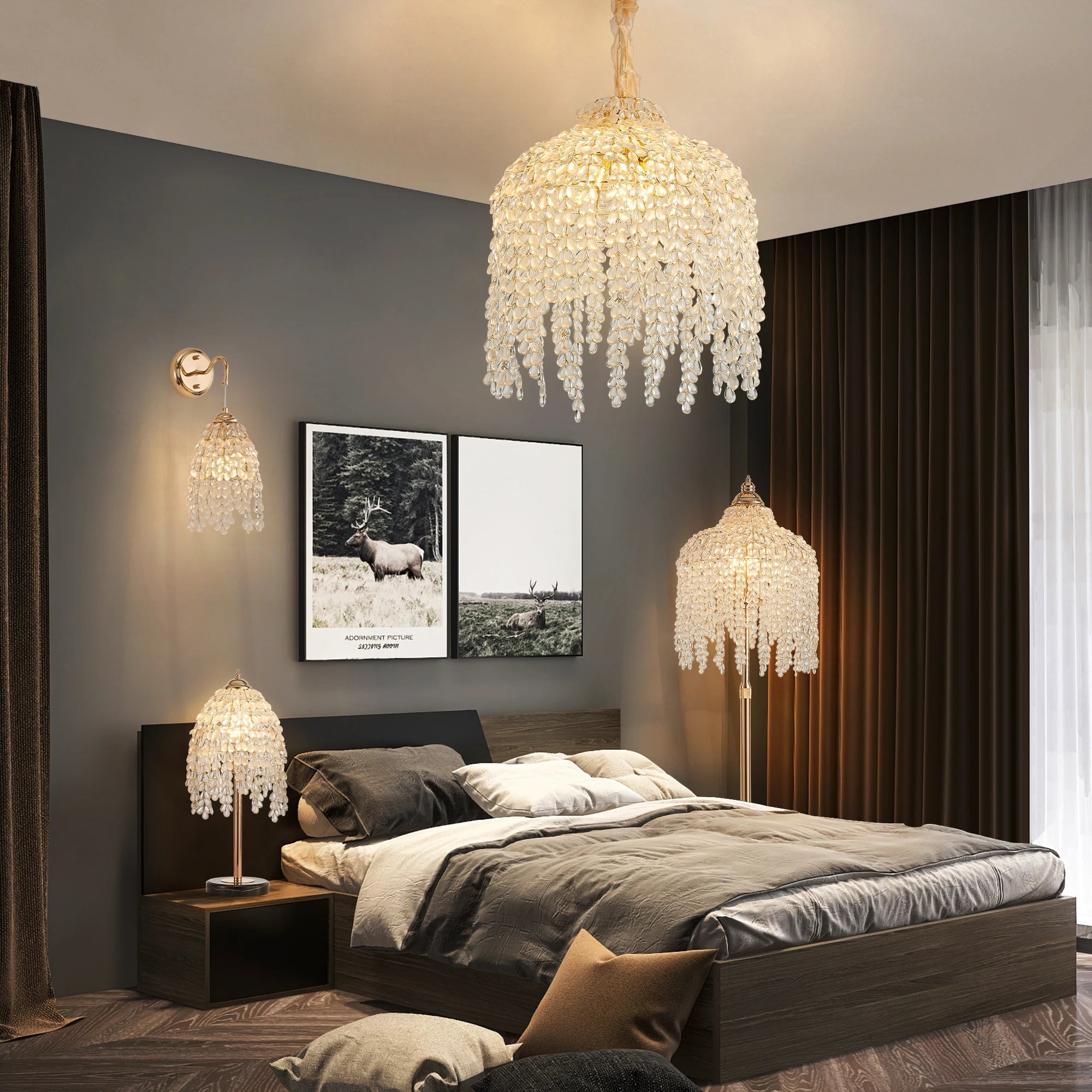 6-Light Crystal Chandelier, Adjustable Height Pendant with Bead Strings