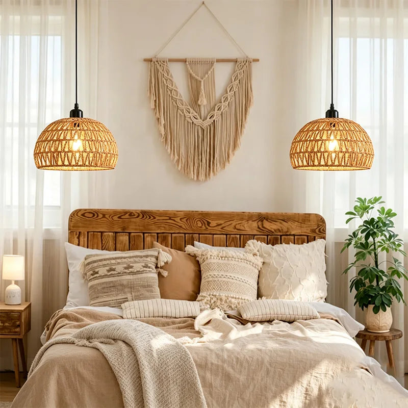 Scandinavian Bamboo Wicker Pendant Lamp — Woven Ceiling Light for Entryway, Hallway & Cafe
