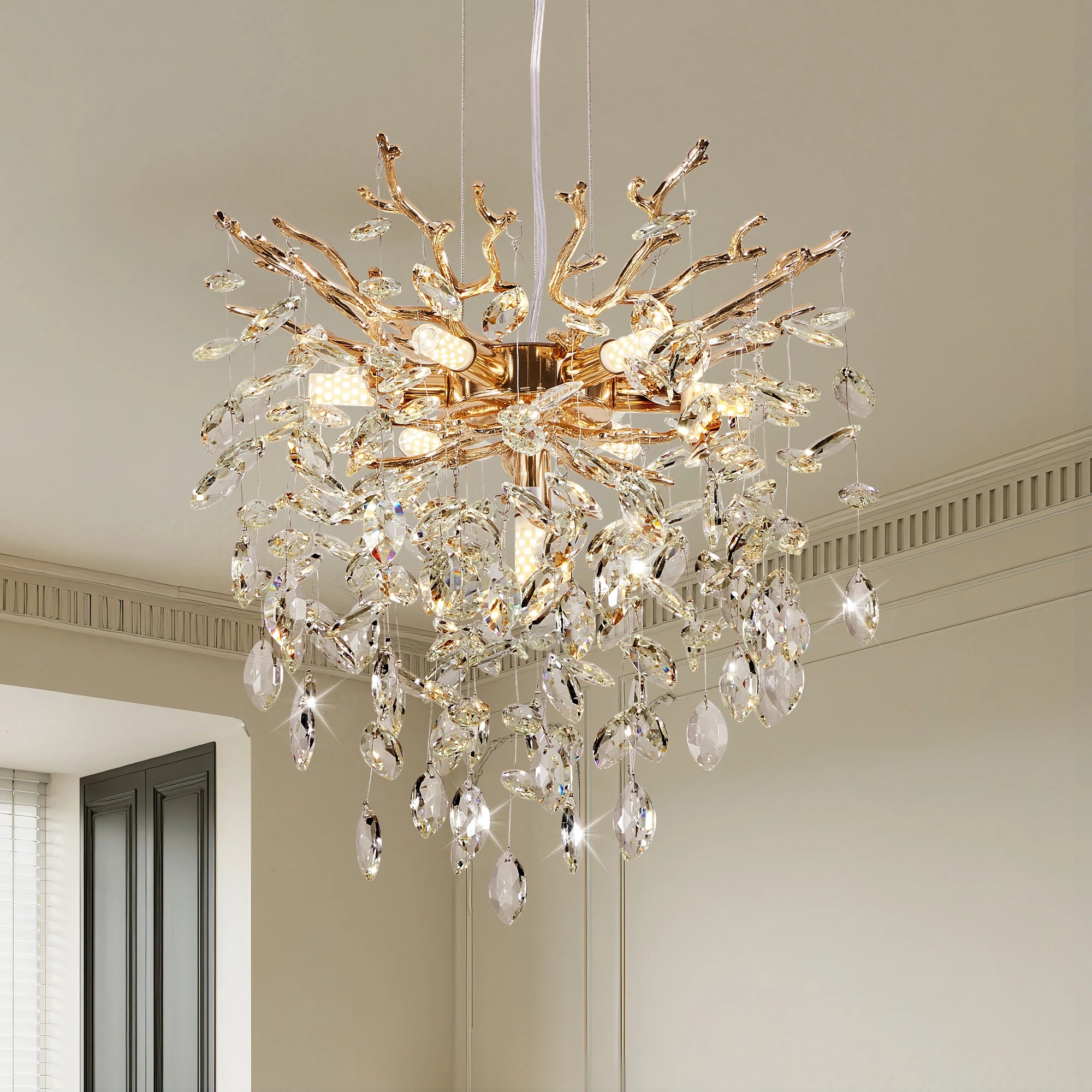 Modern Tree Branch Crystal Chandelier — Luxury Gold 7-Light Pendant, 18"