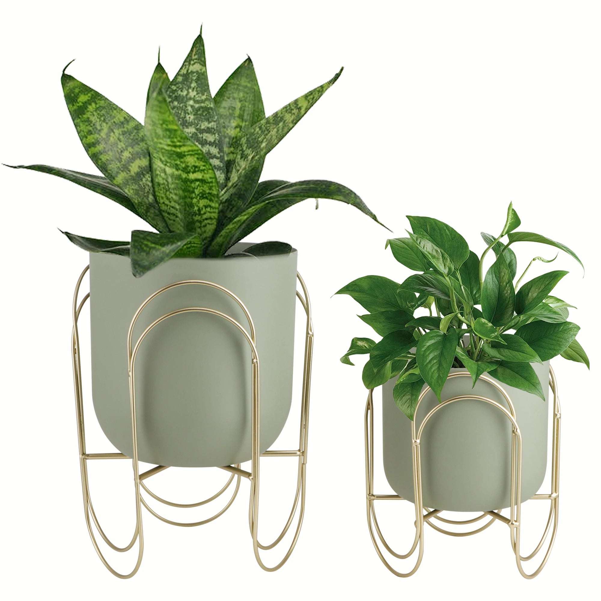 Set of 2 Green Planter Pots with Gold Metal Stand