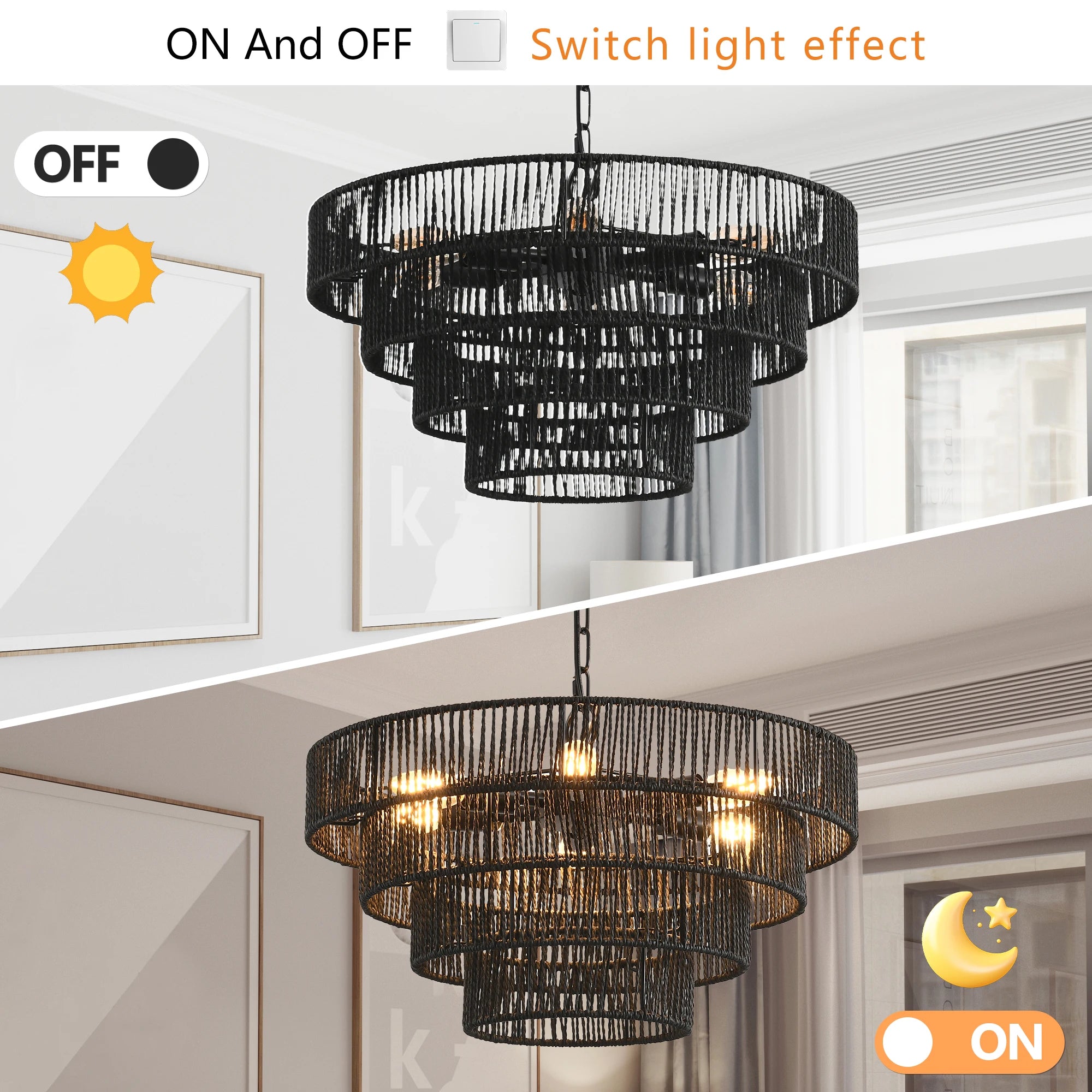 20" Rustic 4-Tier Black Hemp Rope Pendant Light — 6-Bulb Boho Ceiling Fixture
