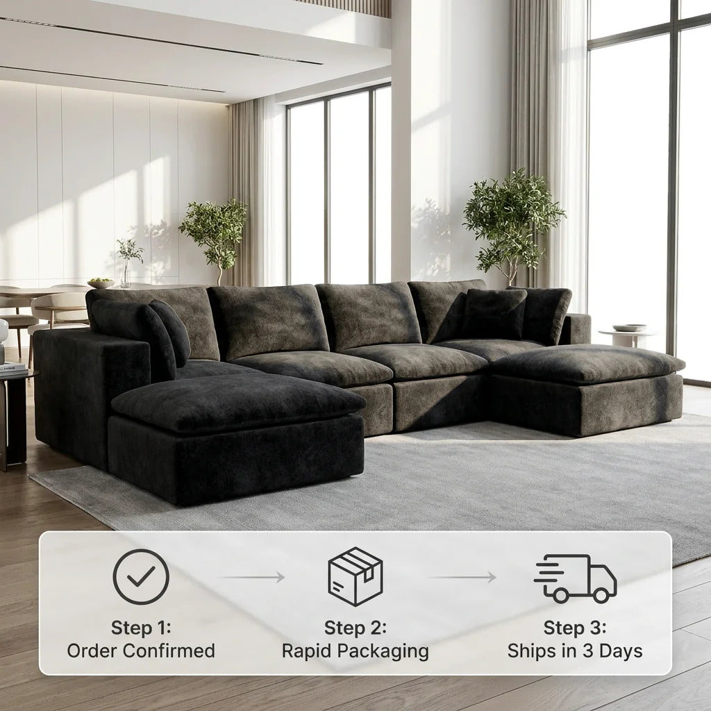 Black Corduroy U-shaped Modular Sectional Couch Compressed Sofa