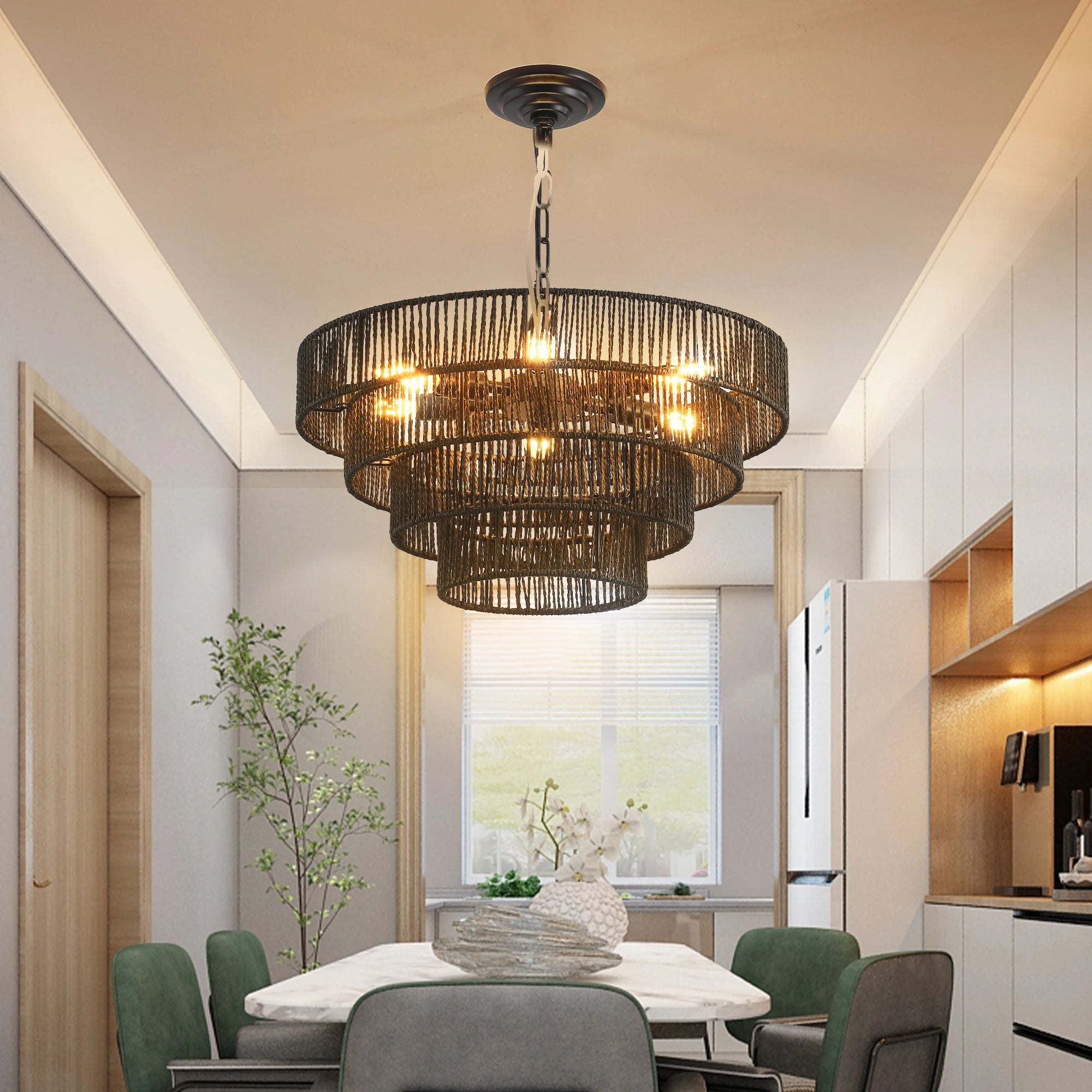 20" Rustic 4-Tier Black Hemp Rope Pendant Light — 6-Bulb Boho Ceiling Fixture