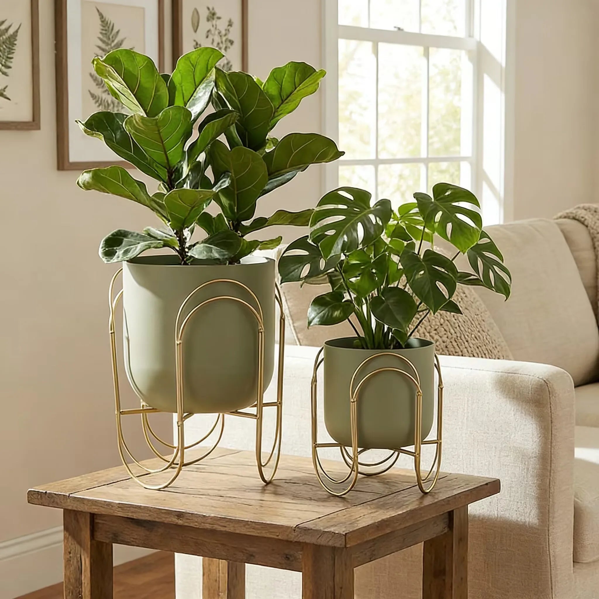 Set of 2 Green Planter Pots with Gold Metal Stand