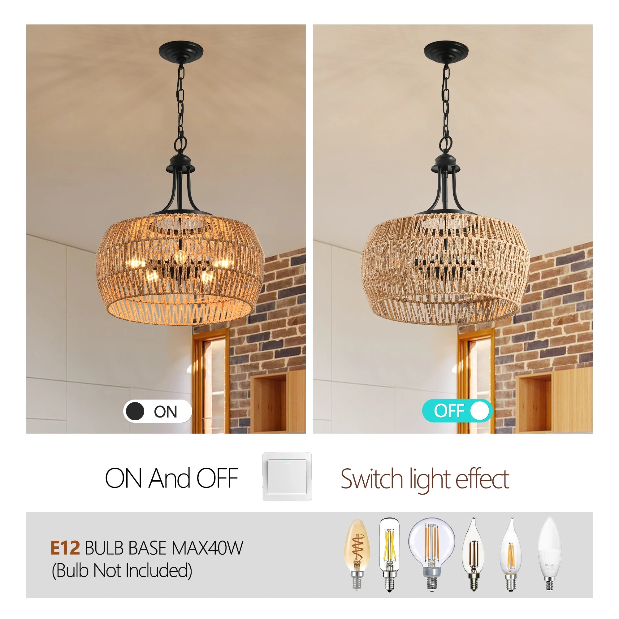 19" Boho Hemp Rope Pendant Light — Hand-Woven Jute Shade with Adjustable Chain