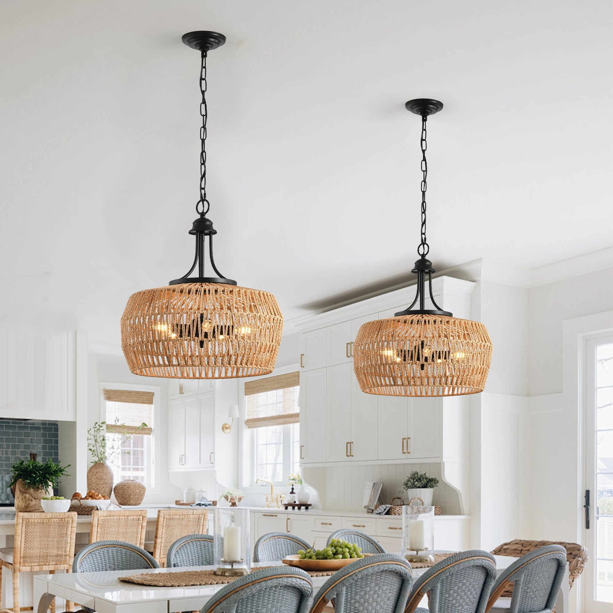 19" Boho Hemp Rope Pendant Light — Hand-Woven Jute Shade with Adjustable Chain