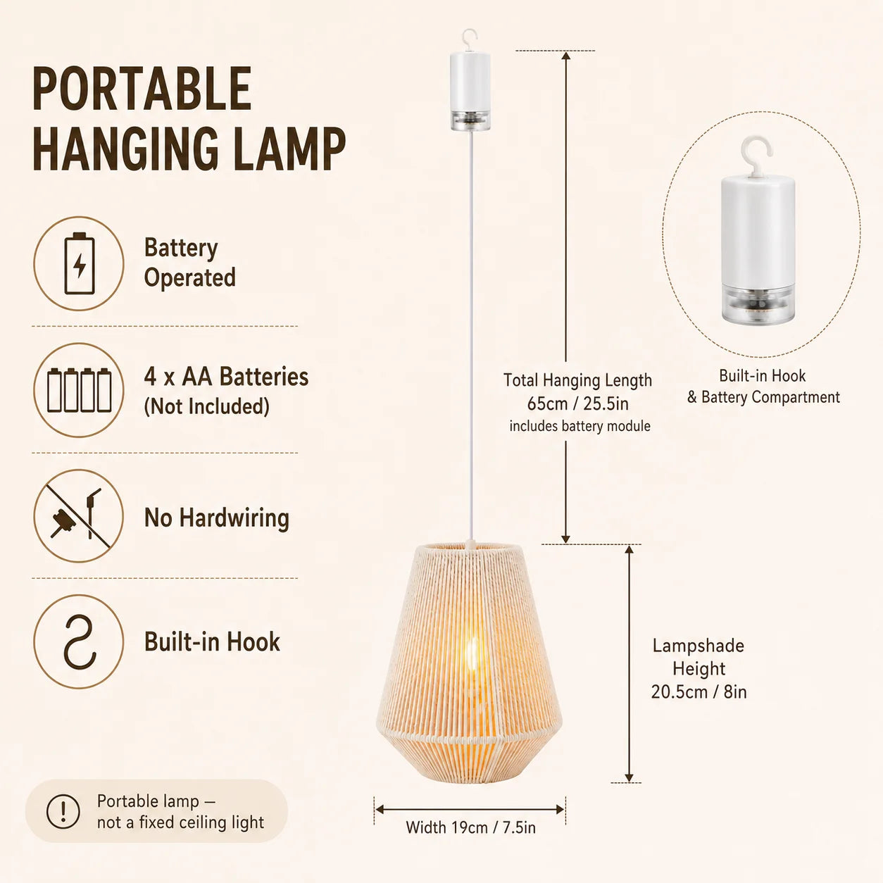 Battery-Operated Boho Pendant Lamp with Remote & Timer