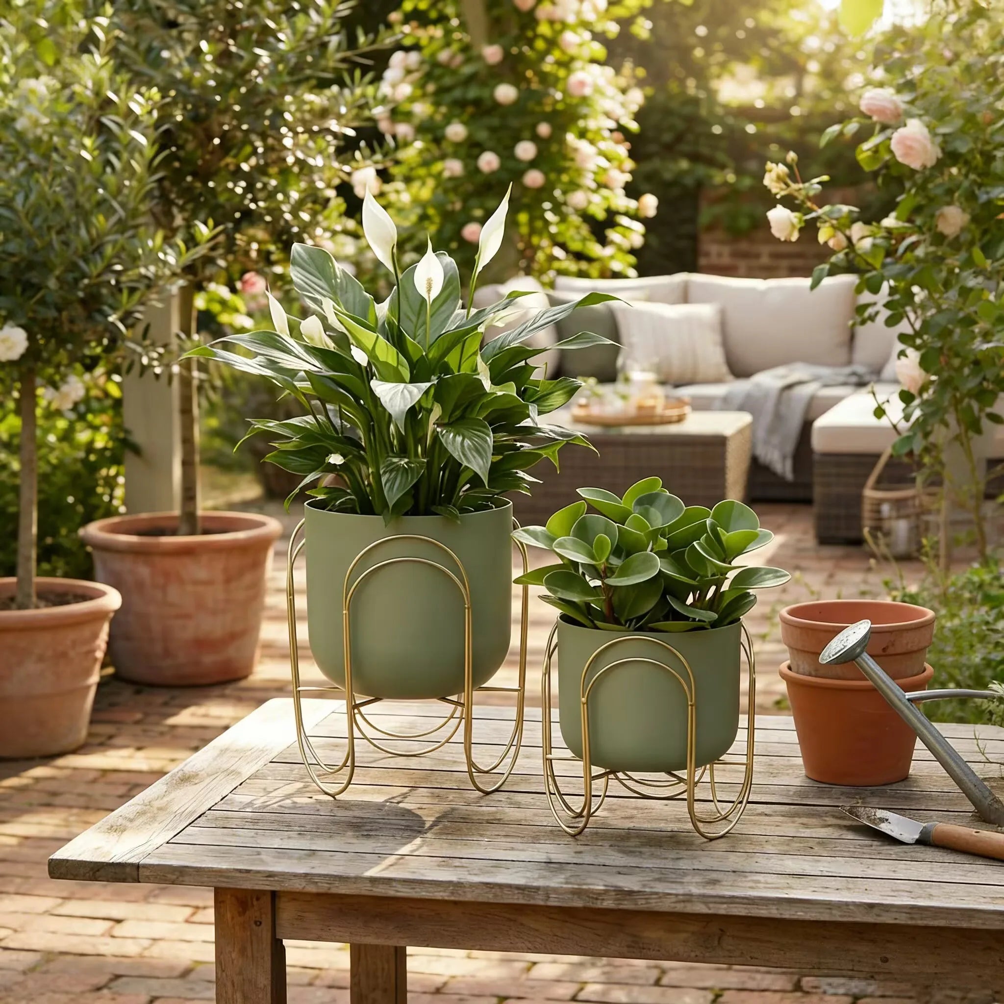 Set of 2 Green Planter Pots with Gold Metal Stand