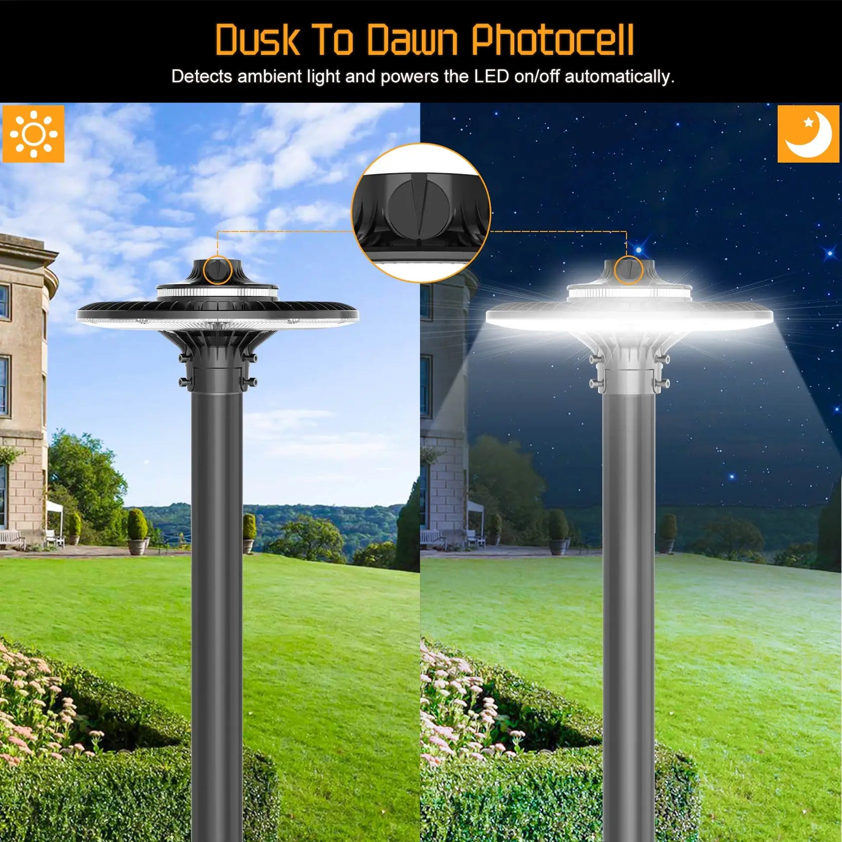 150W Dusk-to-Dawn Garden Post Lamp, Outdoor LED