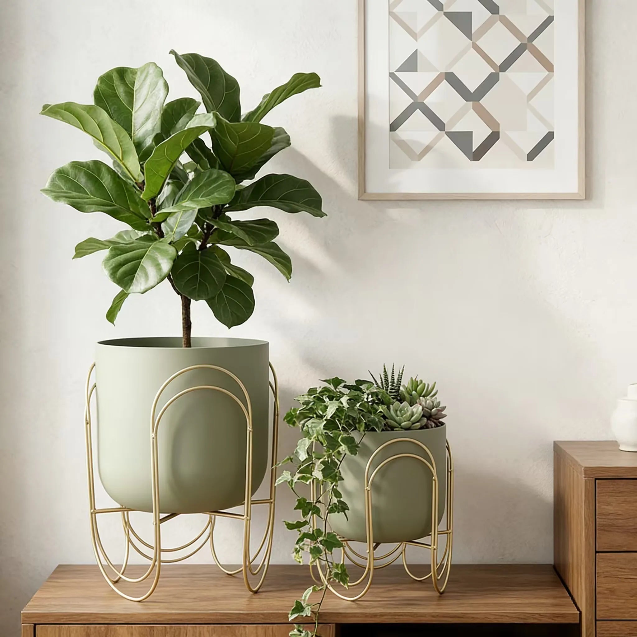 Set of 2 Green Planter Pots with Gold Metal Stand