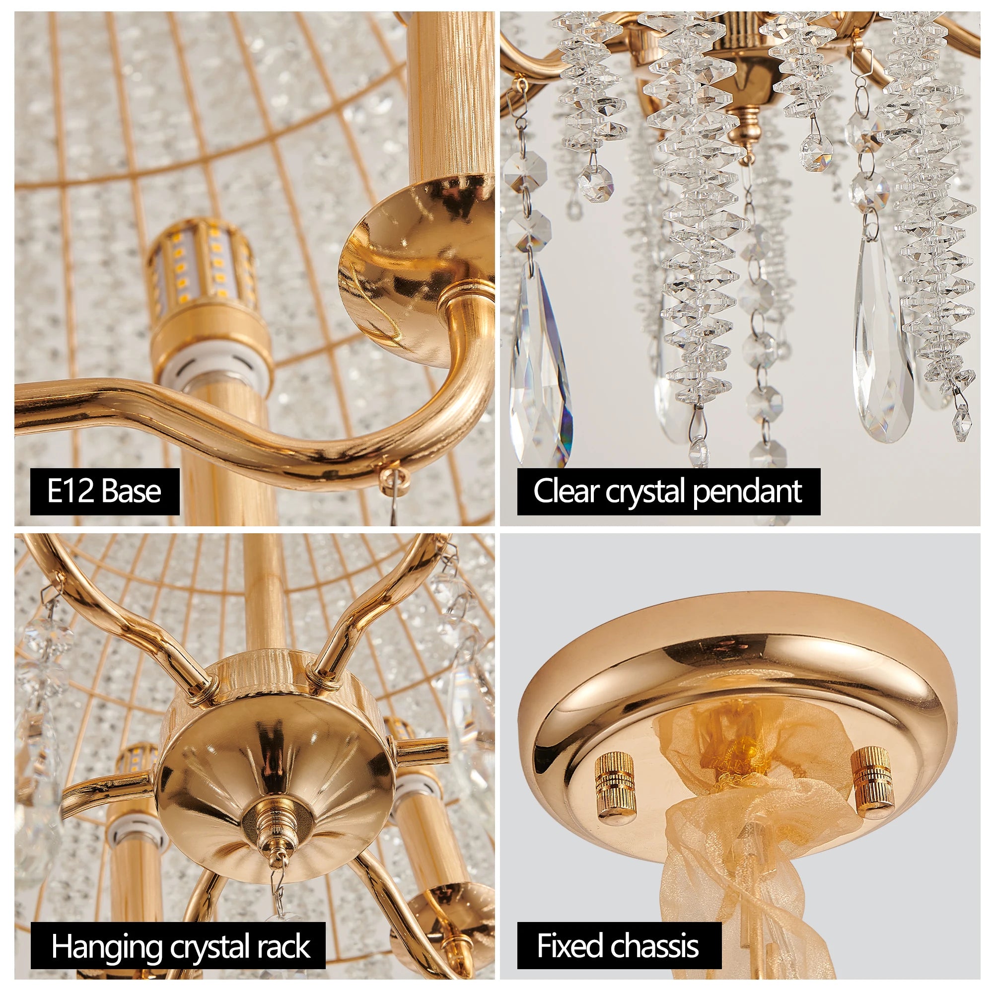 6-Light Crystal Chandelier, Adjustable Height Pendant with Bead Strings