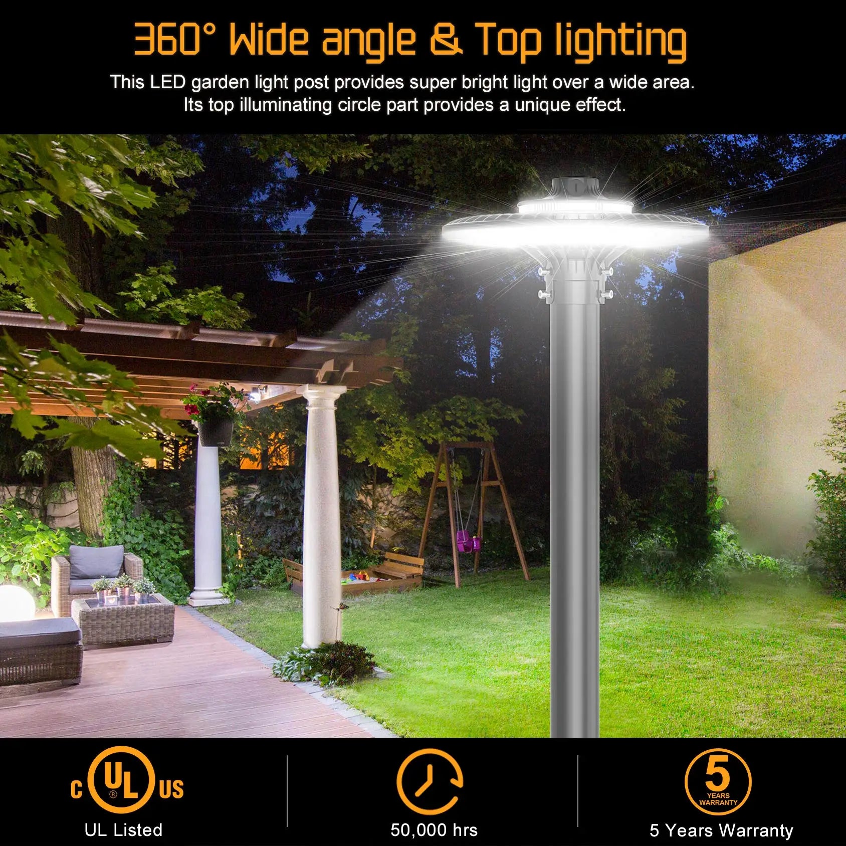 150W Dusk-to-Dawn Garden Post Lamp, Outdoor LED