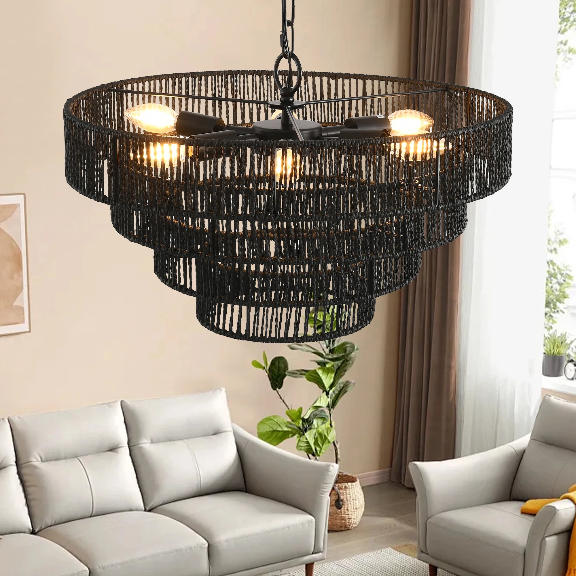 20" Rustic 4-Tier Black Hemp Rope Pendant Light — 6-Bulb Boho Ceiling Fixture