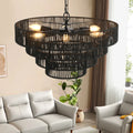 20" Rustic 4-Tier Black Hemp Rope Pendant Light — 6-Bulb Boho Ceiling Fixture