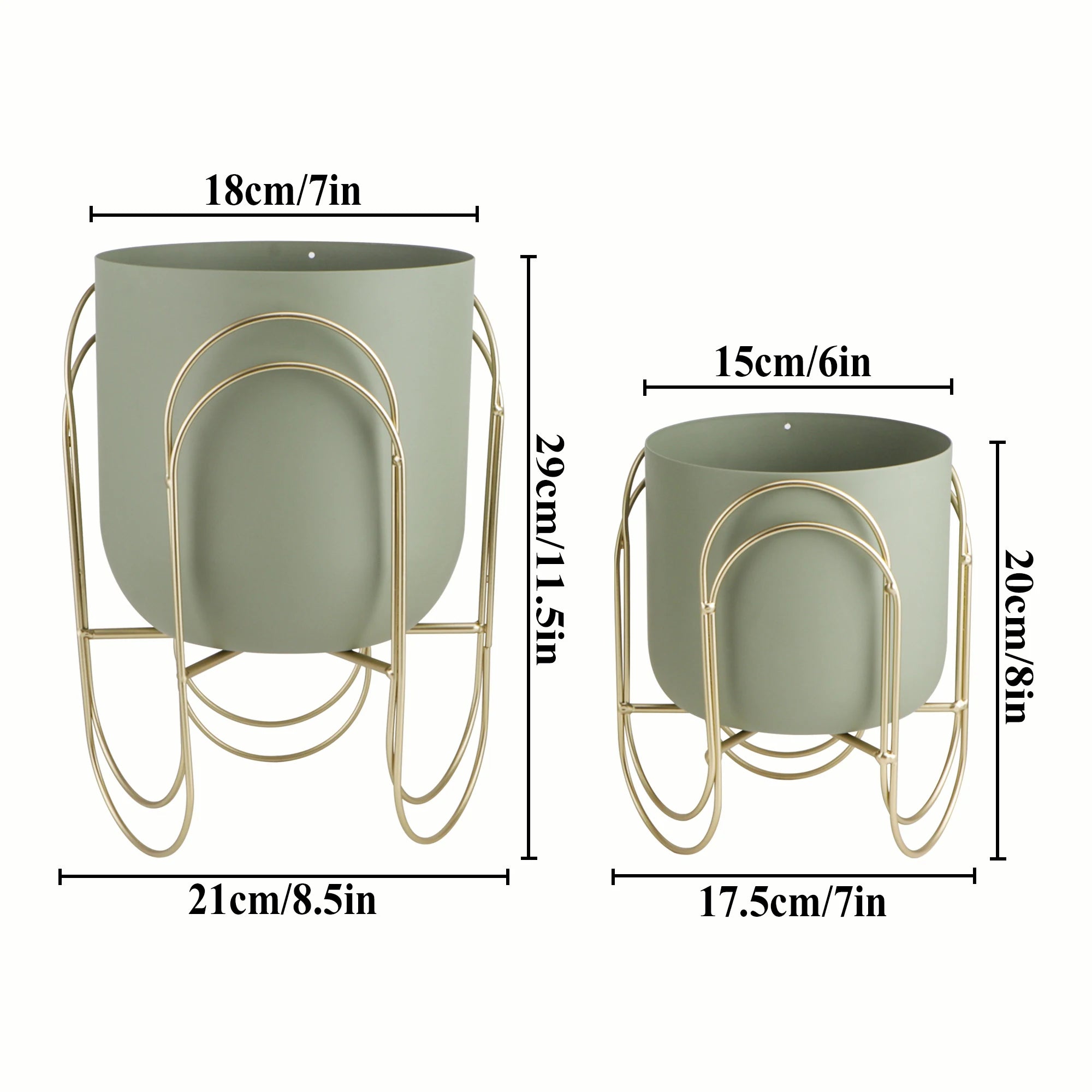 Set of 2 Green Planter Pots with Gold Metal Stand