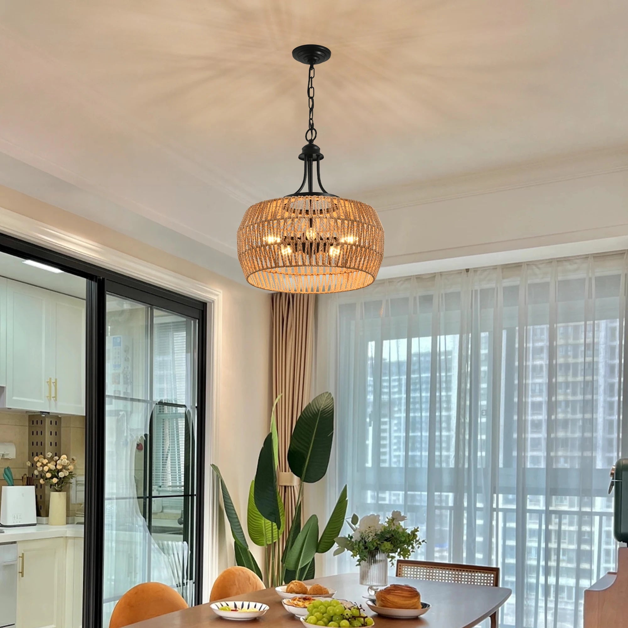 19" Boho Hemp Rope Pendant Light — Hand-Woven Jute Shade with Adjustable Chain