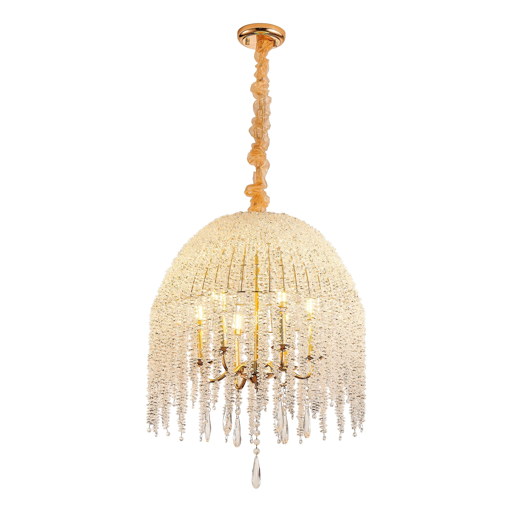 6-Light Crystal Chandelier, Adjustable Height Pendant with Bead Strings