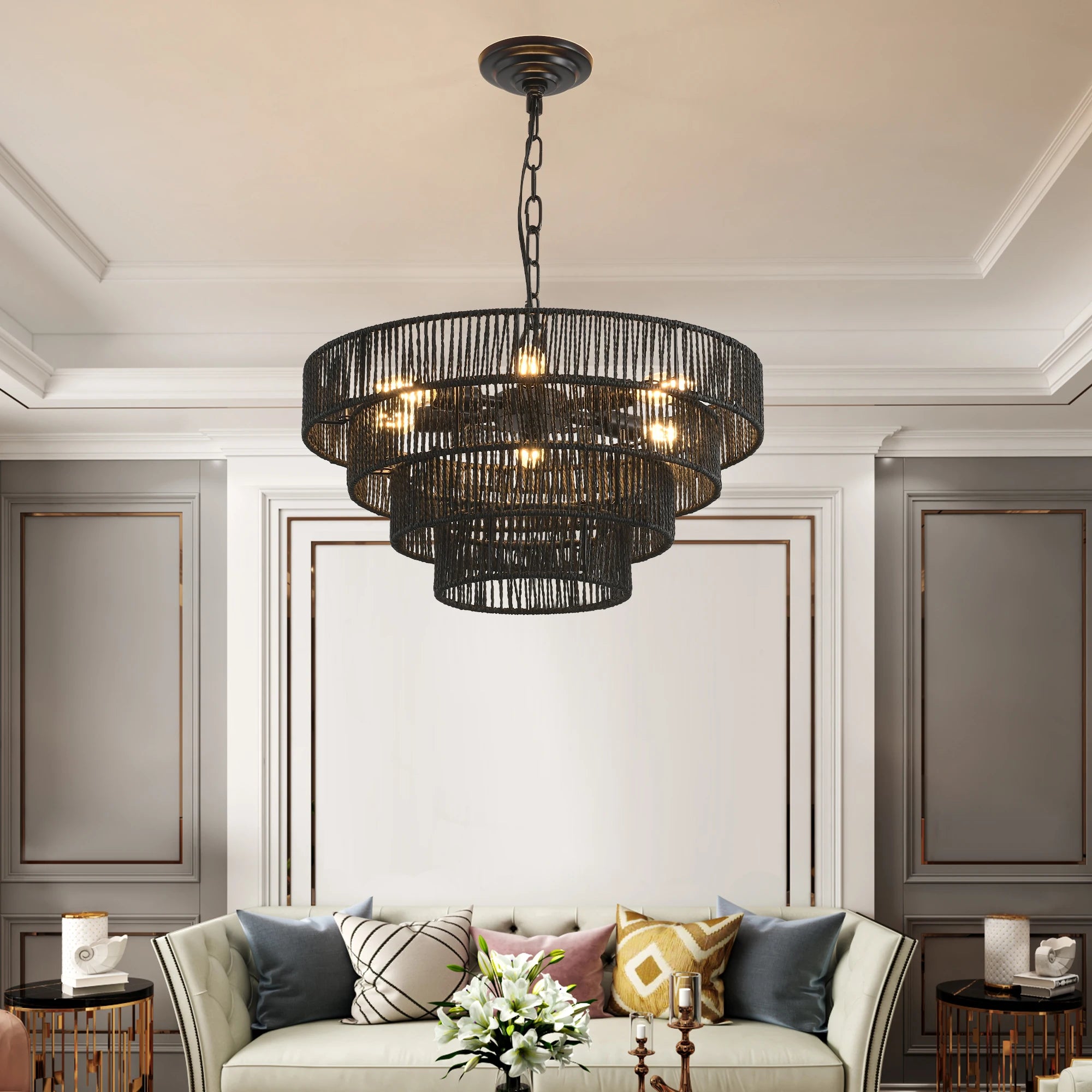 20" Rustic 4-Tier Black Hemp Rope Pendant Light — 6-Bulb Boho Ceiling Fixture