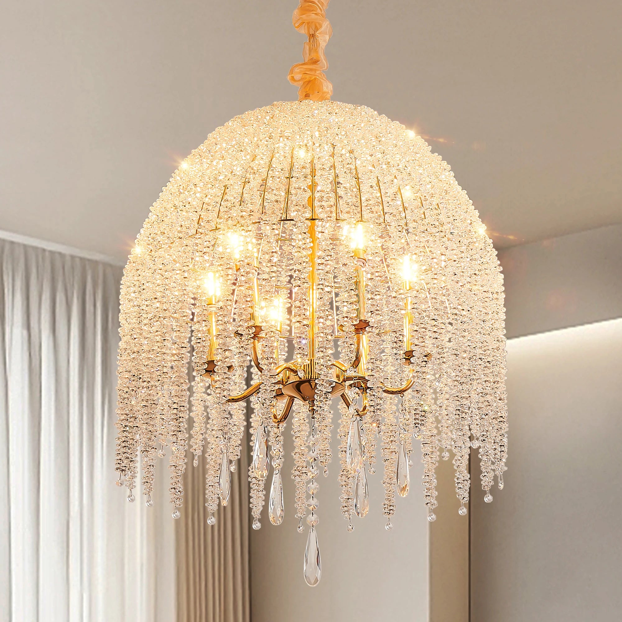 6-Light Crystal Chandelier, Adjustable Height Pendant with Bead Strings
