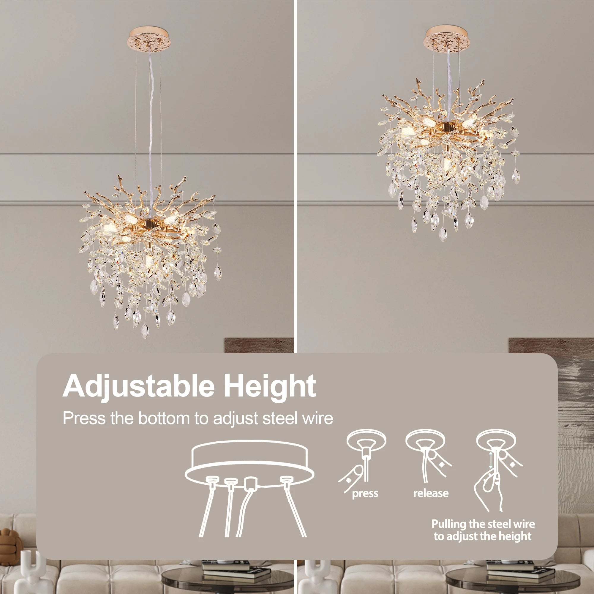 Modern Tree Branch Crystal Chandelier — Luxury Gold 7-Light Pendant, 18"