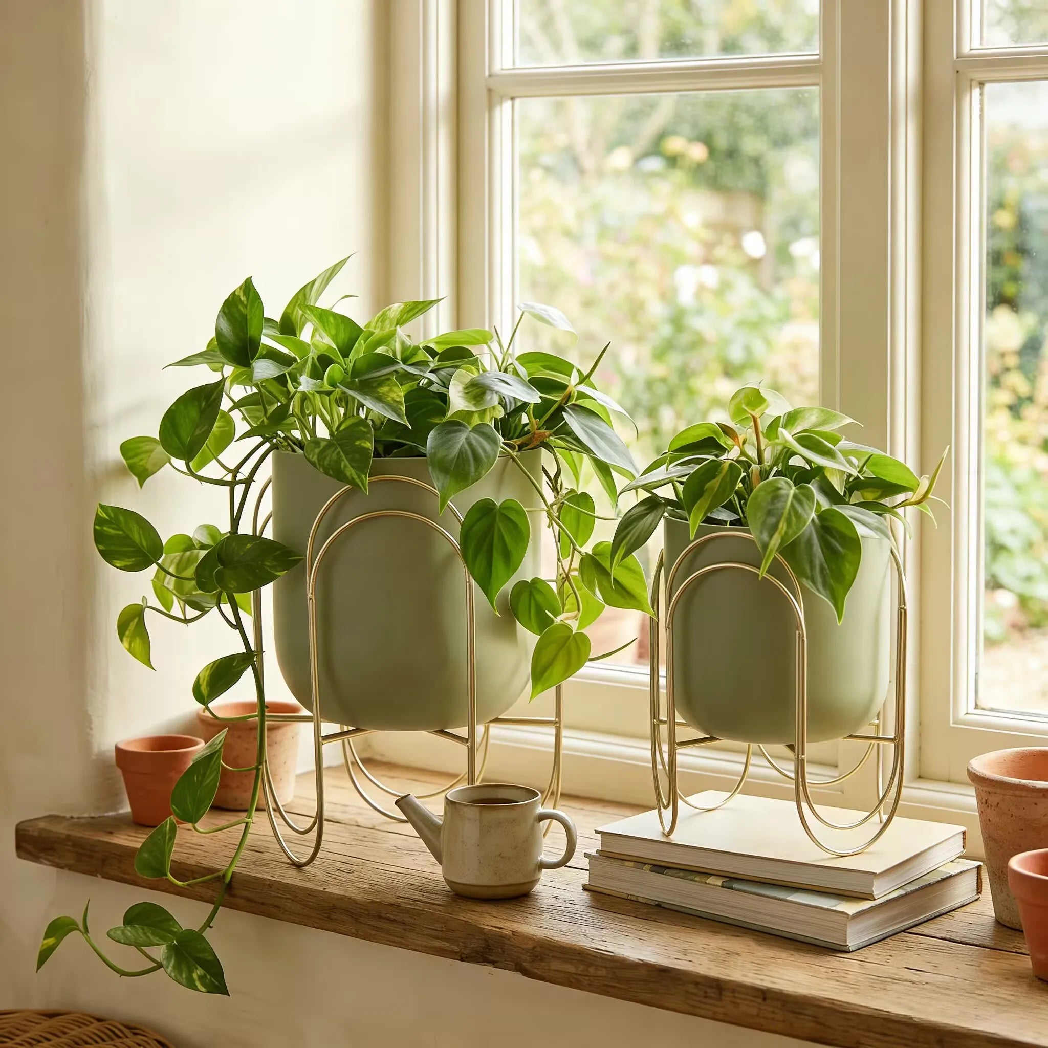 Set of 2 Green Planter Pots with Gold Metal Stand