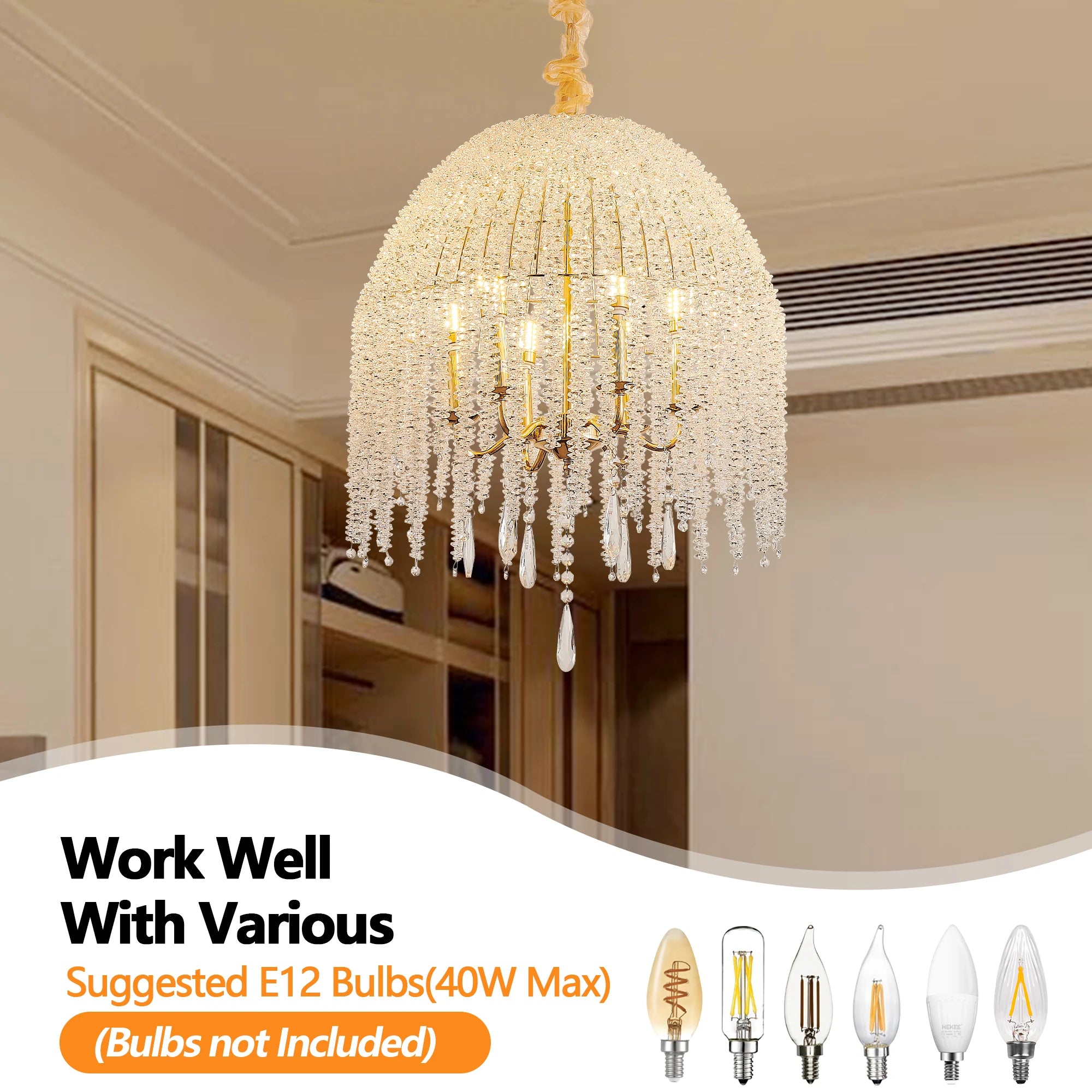 6-Light Crystal Chandelier, Adjustable Height Pendant with Bead Strings