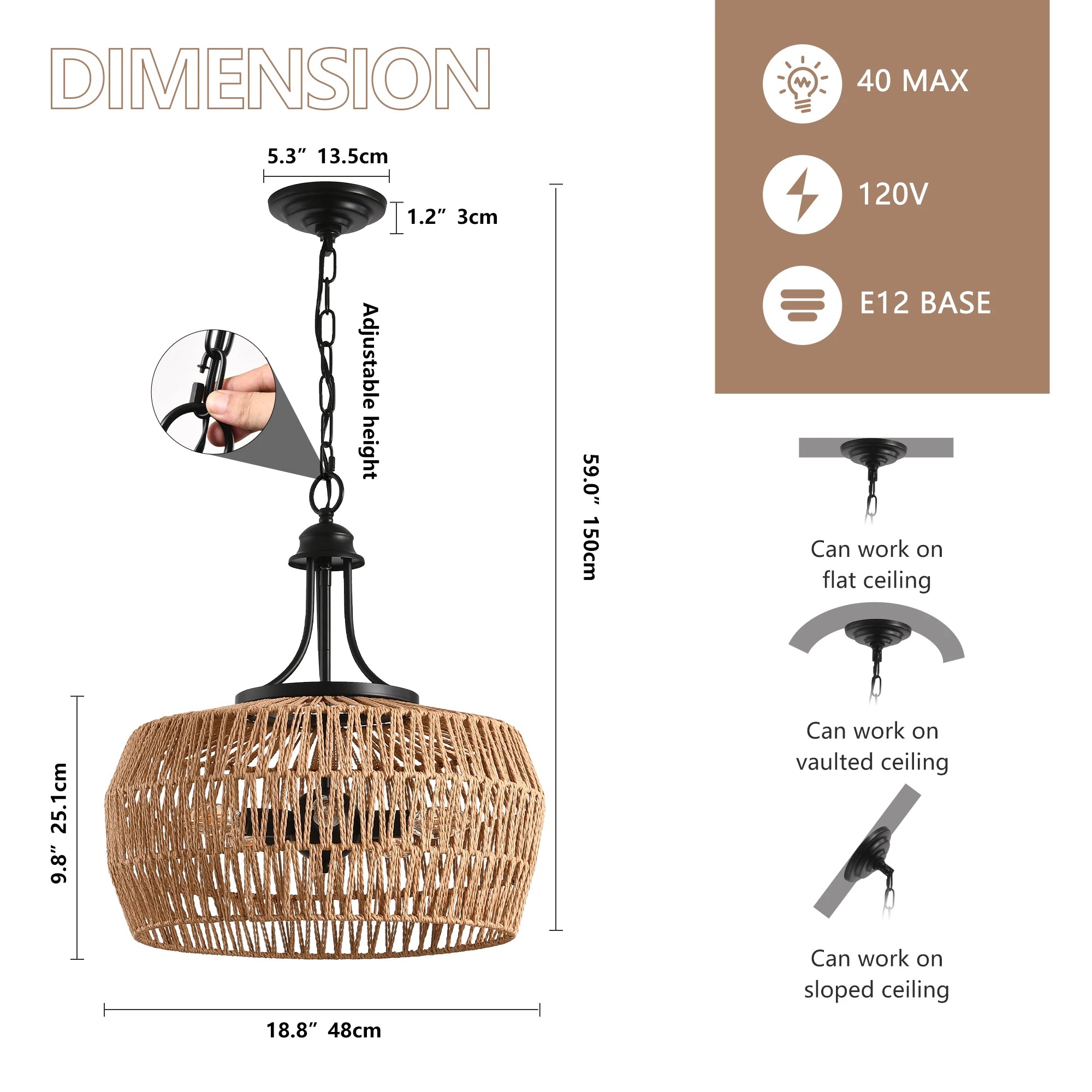 19" Boho Hemp Rope Pendant Light — Hand-Woven Jute Shade with Adjustable Chain